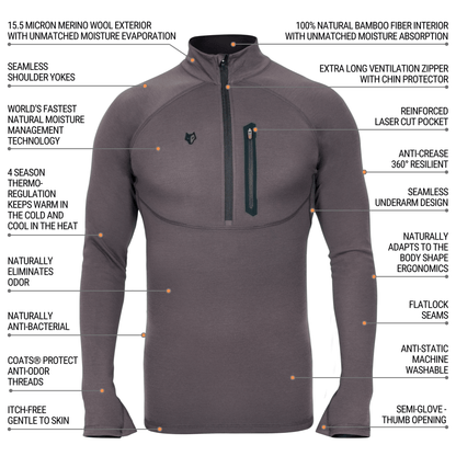 The Hillman 2BL Merino Wool Base Layer-Hunting Long Sleeve Thermal T-shirt combines Bamboo-Merino Technology with a merino wool exterior and bamboo fiber interior. It features seamless shoulder yokes, a ventilation zipper for thermal regulation, and antibacterial fabric. Shown in a front view.